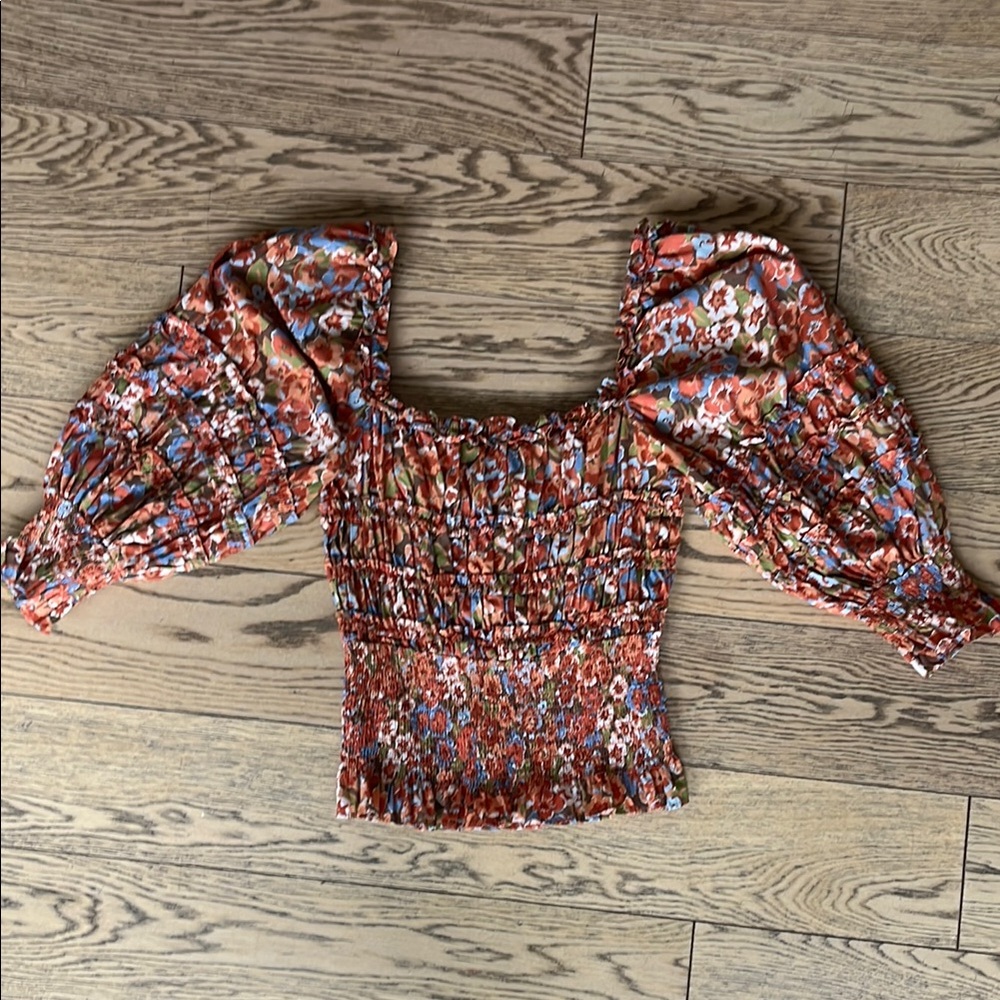 House of Harlow 1960 Red and Blue Puff Sleeve Smocked Blouse